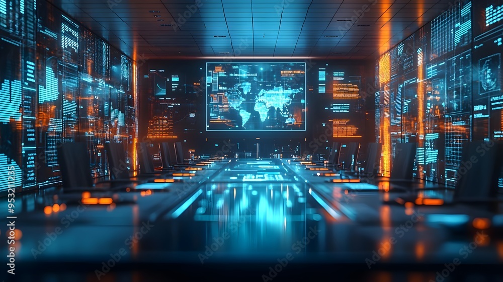 Futuristic Conference Room with Global Data Displays Futuristic Conference Room with Global Data Displays