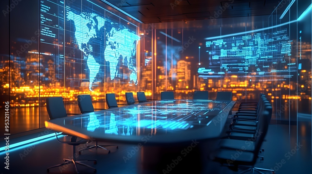 Futuristic Conference Room with Global Data Visualization Futuristic Conference Room with Global Data Visualization