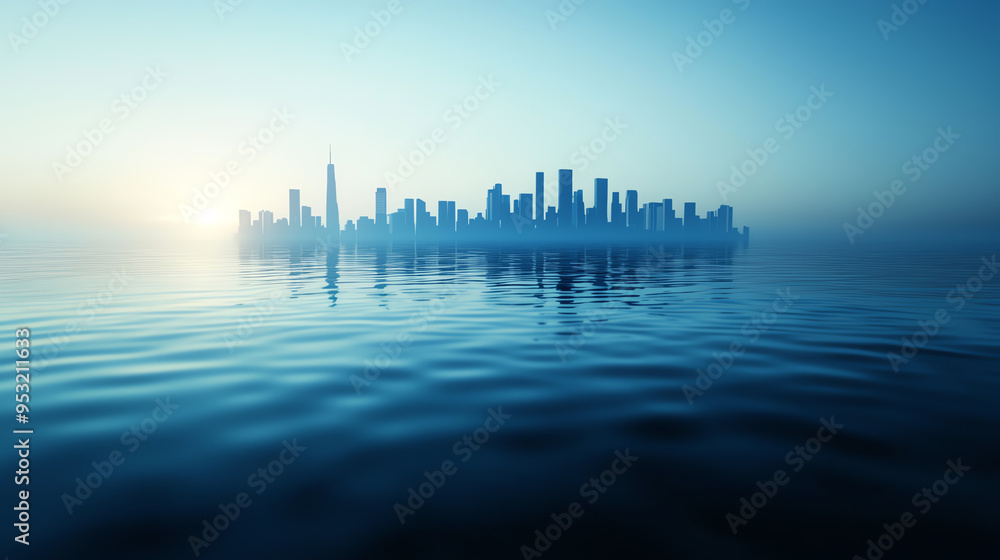 Fototapeta premium A tranquil city skyline emerges from a misty landscape, reflecting on calm waters at dawn, creating a serene urban atmosphere.