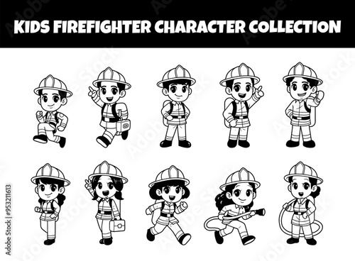 Kids firefighter character outline vector illustration set