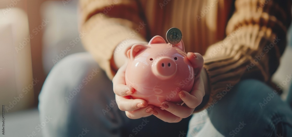 Person holding piggy bank with bitcoin on top Person holding piggy bank with bitcoin on top