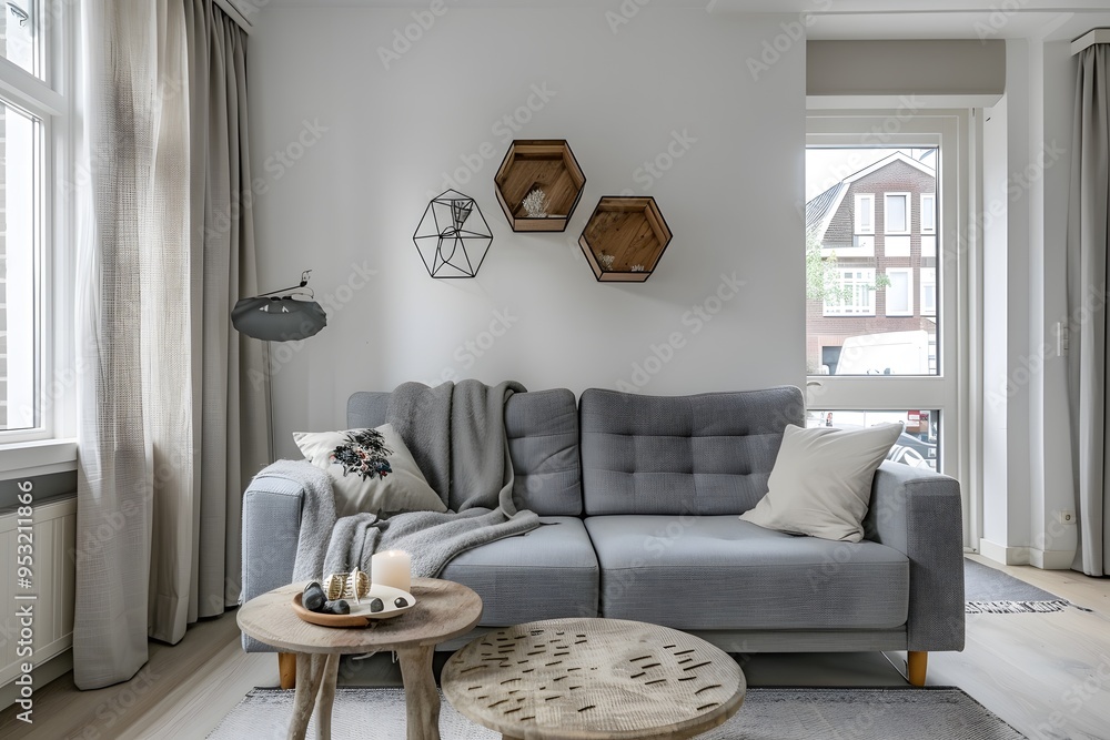 Obraz premium A small, cozy living room in with white walls and a light grey wooden floor. The gray sofa has two decorative hexagonal shelves on the wall above it.