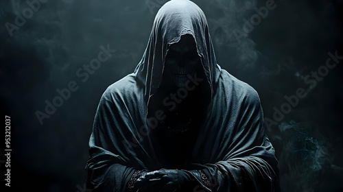 A hooded figure with a skeletal face stands in a smoky atmosphere, hands clasped.