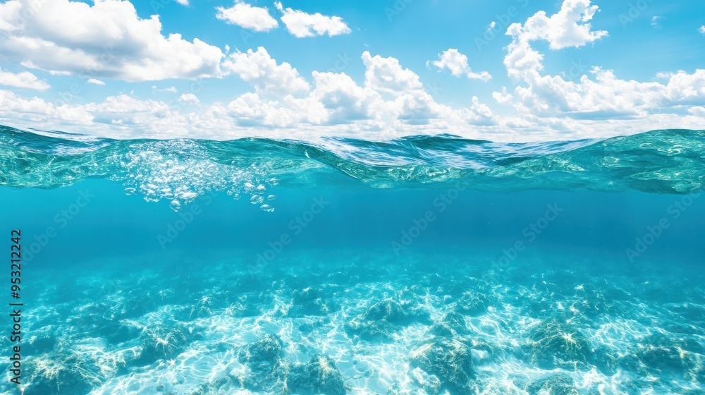 Stunning underwater view showcasing clear blue ocean water and bright sky with fluffy clouds. Stunning underwater view showcasing clear blue ocean water and bright sky with fluffy clouds.