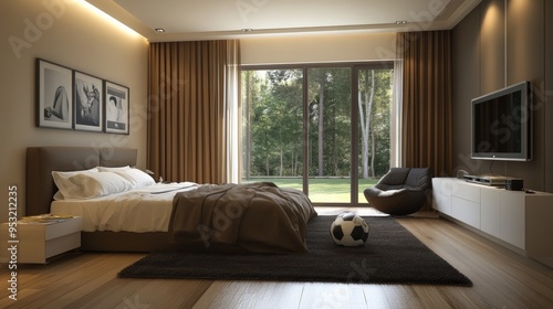 Modern bedroom adorned with a football beanbag photo