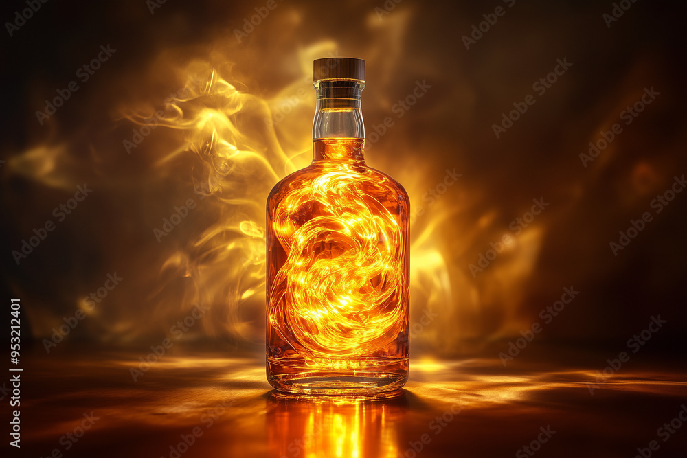 Interior glowing glass bottle with gold swirls and warm lights Interior glowing glass bottle with gold swirls and warm lights