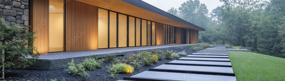 Fototapeta premium Modern architecture features large windows and a serene garden, creating a peaceful outdoor space for relaxation and living.