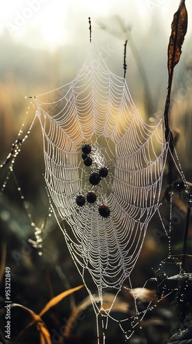 A delicate spider web adorned with dew drops, capturing the beauty of nature in the early morning light. photo