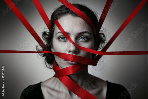 A powerful image symbolizing the silencing of abuse, featuring a woman with red tape over her mouth, highlighting the need to combat harassment and violence against women globally.