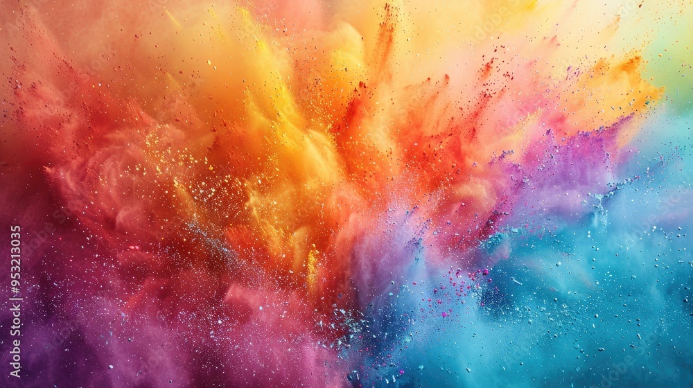Fototapeta premium A beautiful burst of colored powder paints the sky with a rainbow of hues, celebrating the beauty and joy of the Holi festival