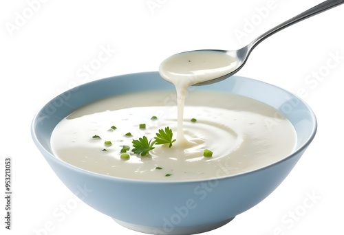 Spoon Pouring Creamy soup into a blue Bowl with white background isolated