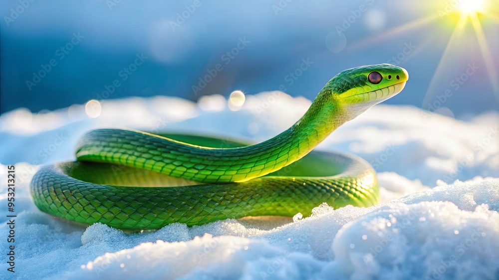 Obraz premium Green snake slithering on snow with winter decor in soft light