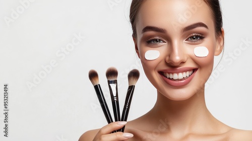 Bare-shouldered woman applies makeup with brushes.