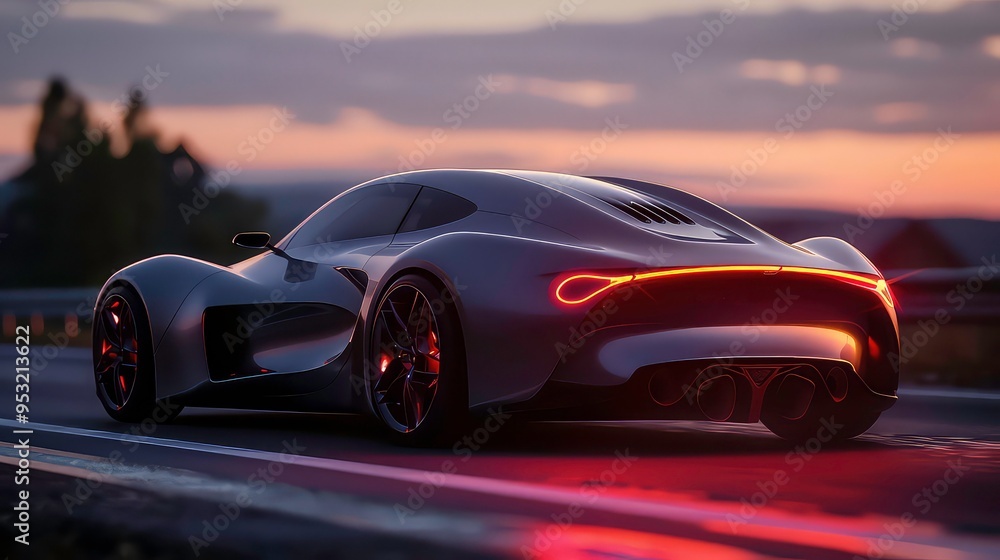 A sleek black sports car drives down an asphalt road at sunset with the taillights glowing. A sleek black sports car drives down an asphalt road at sunset with the taillights glowing.