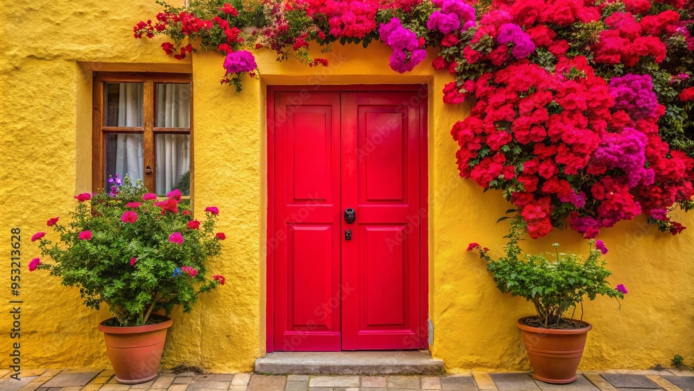Fototapeta premium Vibrant red door in front of a sunny yellow building with pink flowers, creating a charming and colorful scene