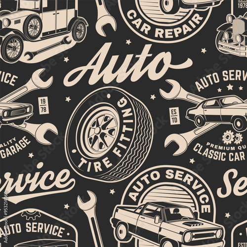 Auto service seamless pattern or background. Vector. Fabric, texture, wallpaper for service car repair, restoration and car club.
