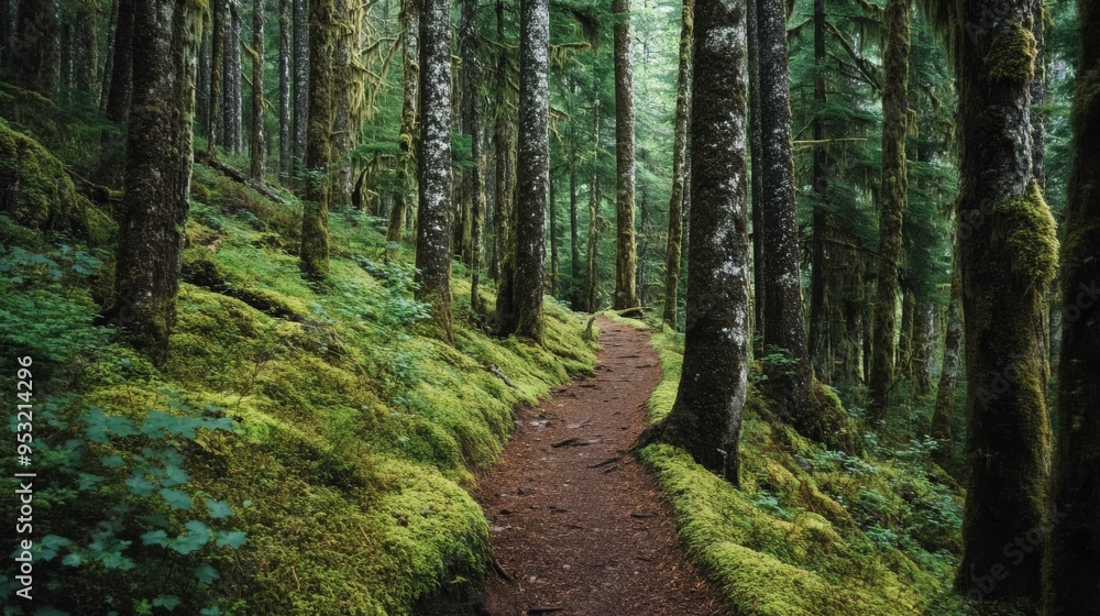 Obraz premium Forested trail amidst mossy trees.