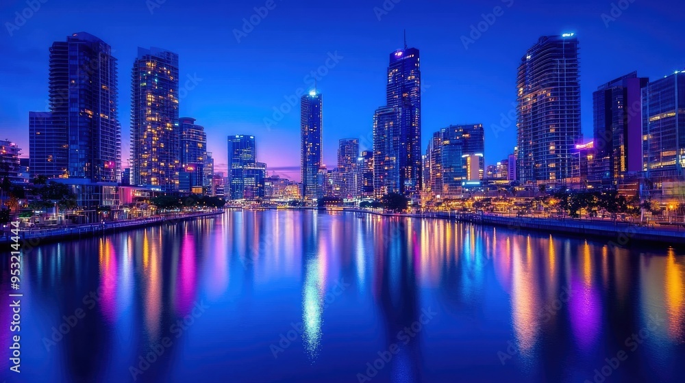 Obraz premium A blue hour cityscape with buildings and lights reflecting on a river, creating a serene atmosphere