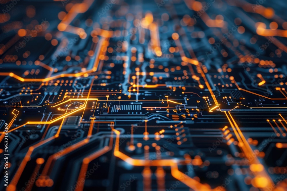 Close-up view of electronic components and wiring on a circuit board Close-up view of electronic components and wiring on a circuit board