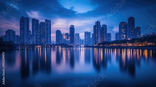 A blue hour cityscape with buildings and lights reflecting on a river, creating a serene atmosphere