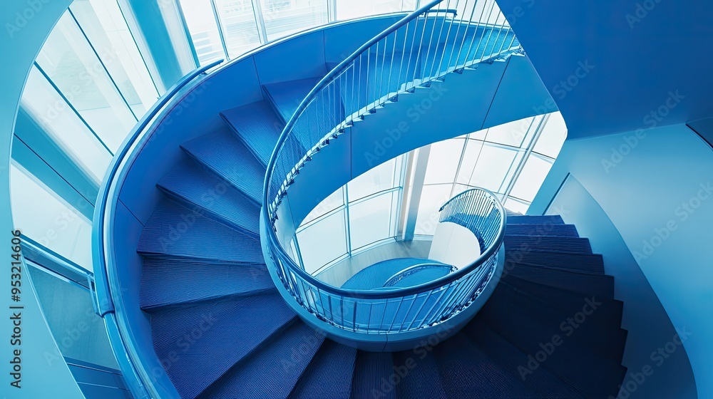 Fototapeta premium A blue spiral staircase inside a contemporary building, showcasing architectural elegance