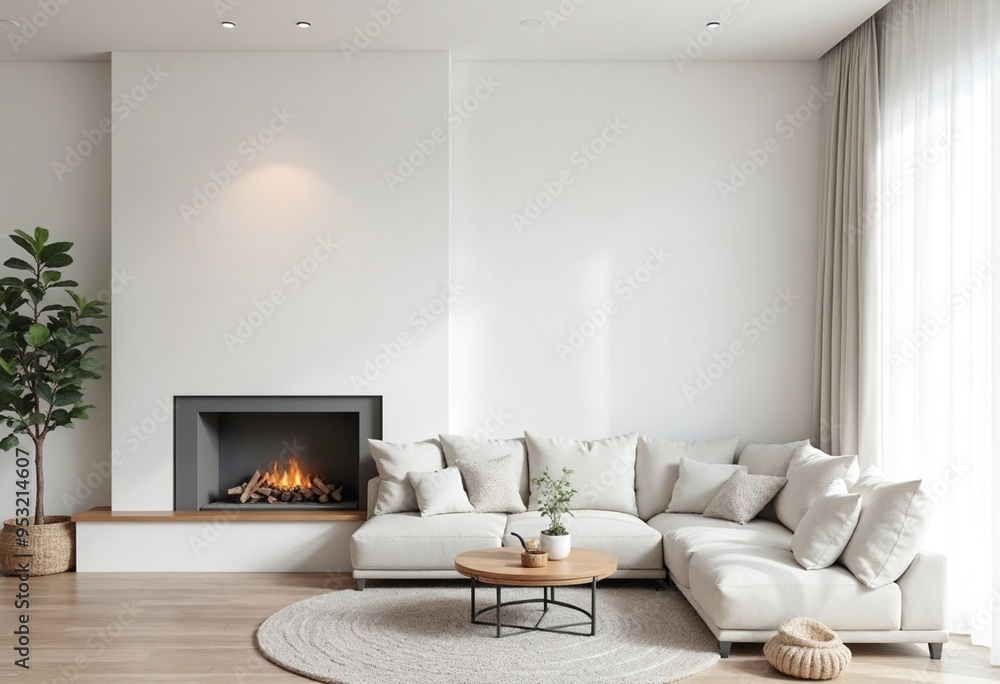 White corner sofa near fireplace. Scandinavian home interior design of modern living room White corner sofa near fireplace. Scandinavian home interior design of modern living room
