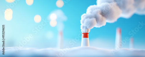 A vivid scene depicting industrial smokestacks emitting clouds of steam against a bright blue background, highlighting environmental impact.