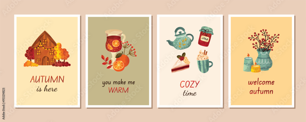 Hello Autumn greeting cards collection. Fall warm posters set with botanical elements, house, candles, mulled wine, coffee and cake. Watercolor vector illustration. Hello Autumn greeting cards collection. Fall warm posters set with botanical elements, house, candles, mulled wine, coffee and cake. Watercolor vector illustration.
