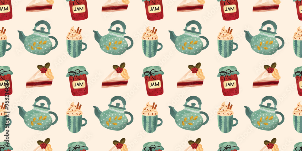 Seamless warm fall pattern with teapot, cup of coffee, jam and cake. Watercolor vector illustration. Pattern for fabric, scrapbooking and stationery. Seamless warm fall pattern with teapot, cup of coffee, jam and cake. Watercolor vector illustration. Pattern for fabric, scrapbooking and stationery.