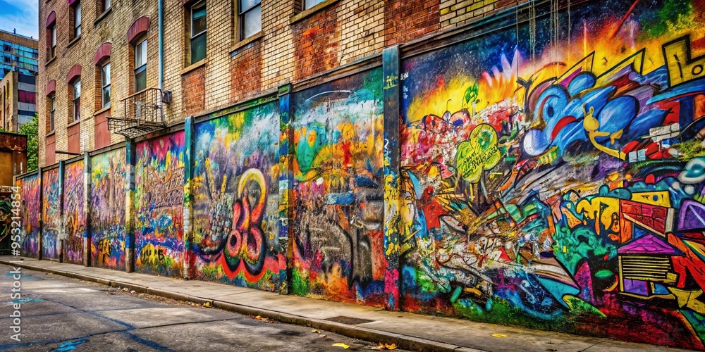 Fototapeta premium Graffiti-covered wall on urban street