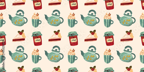 Seamless warm fall pattern with teapot, cup of coffee, jam and cake. Watercolor vector illustration. Pattern for fabric, scrapbooking and stationery.