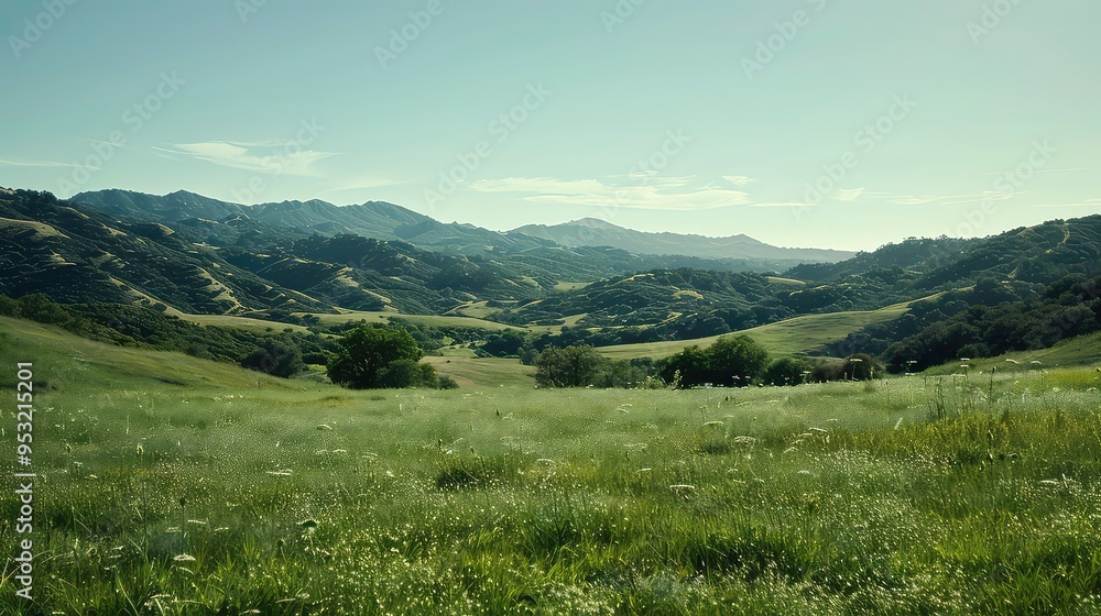 Naklejka premium Rolling hills and lush green meadow with a blue sky background.