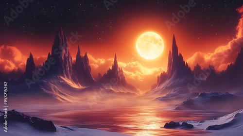 A large, glowing sun sets b...