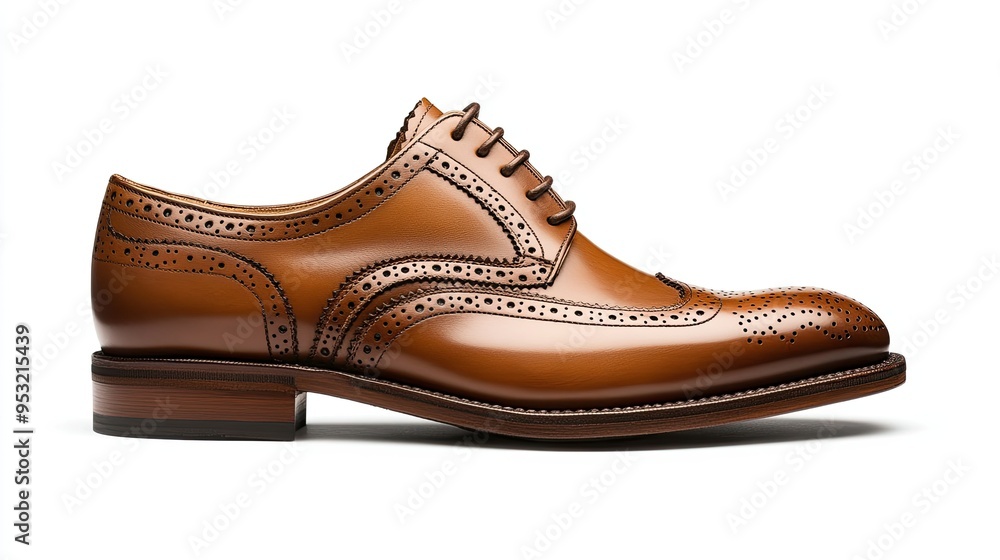 A classic, well-polished leather shoe with brogue detailing, representing timeless fashion and craftsmanship A classic, well-polished leather shoe with brogue detailing, representing timeless fashion and craftsmanship
