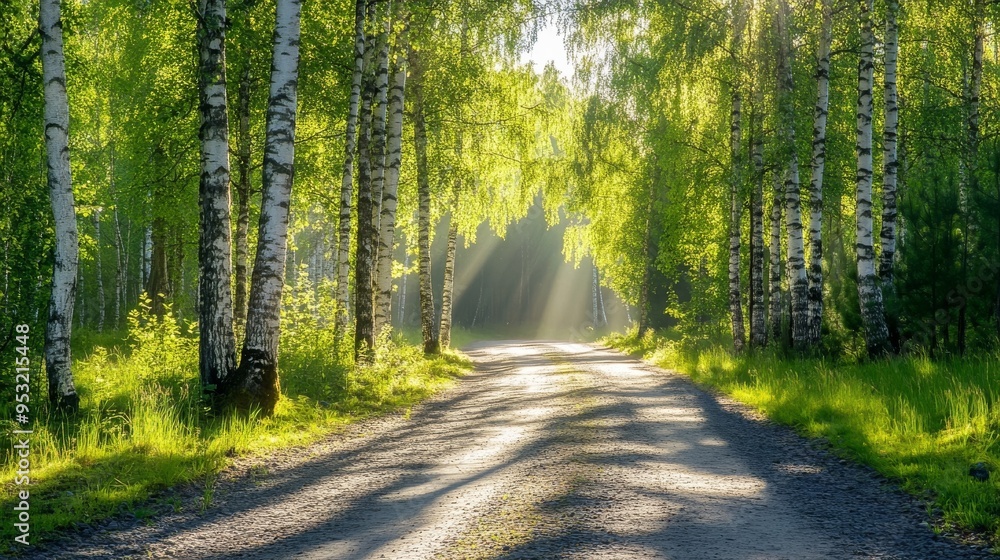 Obraz premium Forest path under birch canopy