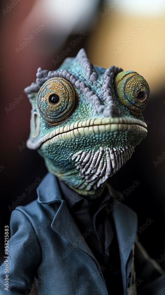 A detailed close-up of a chameleon figurine dressed in a suit, showcasing its unique features and realistic textures. A detailed close-up of a chameleon figurine dressed in a suit, showcasing its unique features and realistic textures.