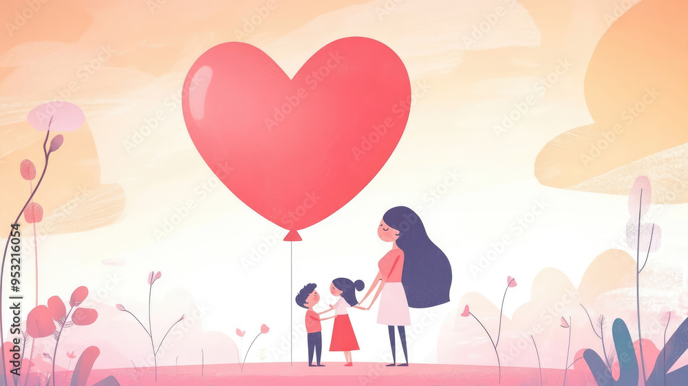 happy mothers day creative illustrations of mother and child love with a big love heart balloon in background, pastel theme of colors, detailed hyper realistic image happy mothers day creative illustrations of mother and child love with a big love heart balloon in background, pastel theme of colors, detailed hyper realistic image