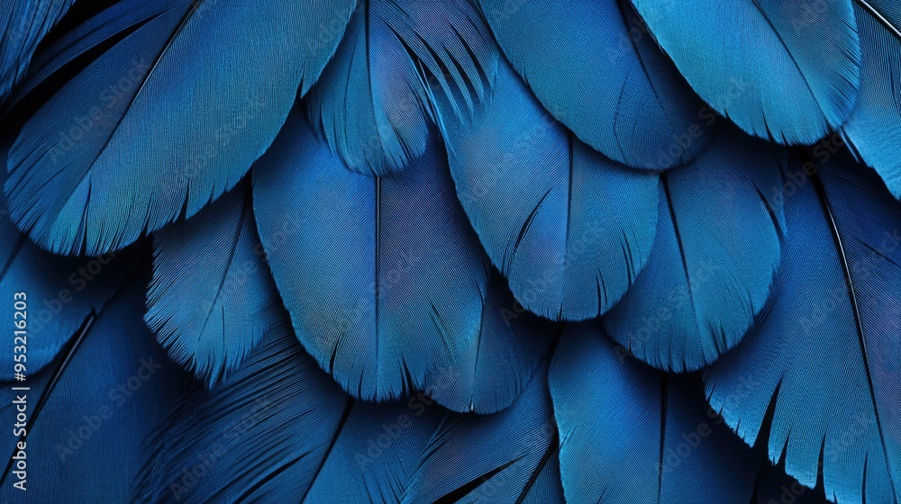 Obraz premium A close-up of blue feathers arranged in a pattern, showcasing natural beauty and texture
