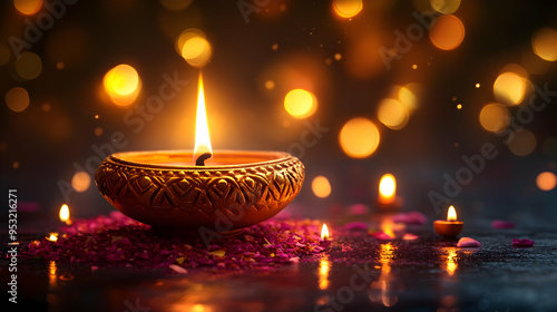 A lit diya candle with boke...