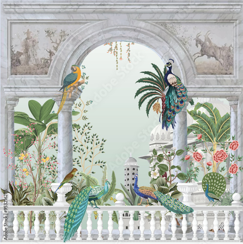 Traditional Indian Mughal emperor, queen, elephant, caravan, palace, architecture, arch, dome, peacock illustration vector, Watercolor Illustration.