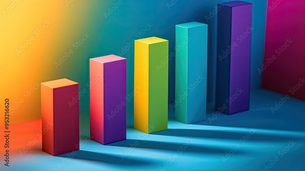 A colorful bar graph with shadows, representing business data in a visually appealing way A colorful bar graph with shadows, representing business data in a visually appealing way