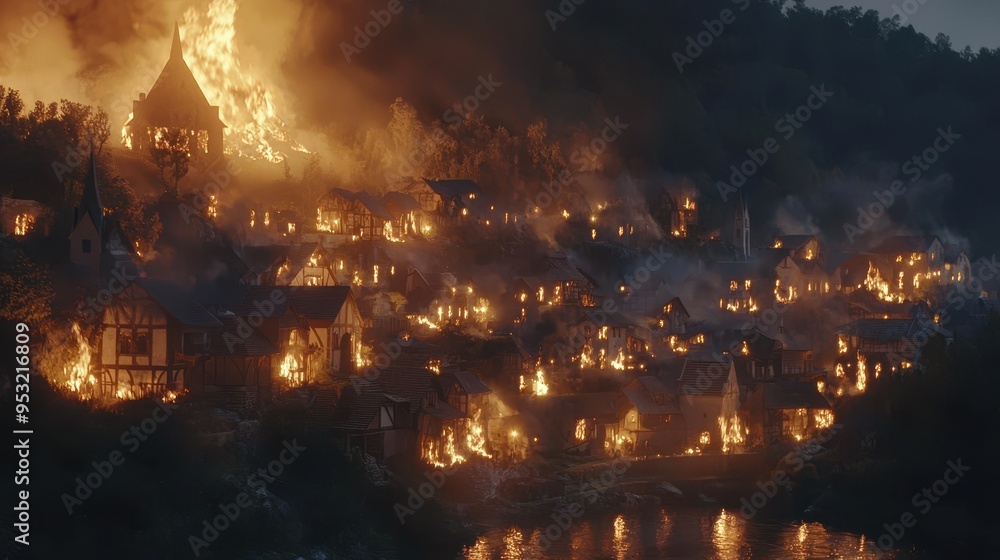 Fototapeta premium Medieval Village Burning in Flames Nighttime Fire Disaster