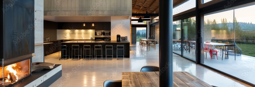Modern Home Interior with Fireplace and Outdoor View Modern Home Interior with Fireplace and Outdoor View