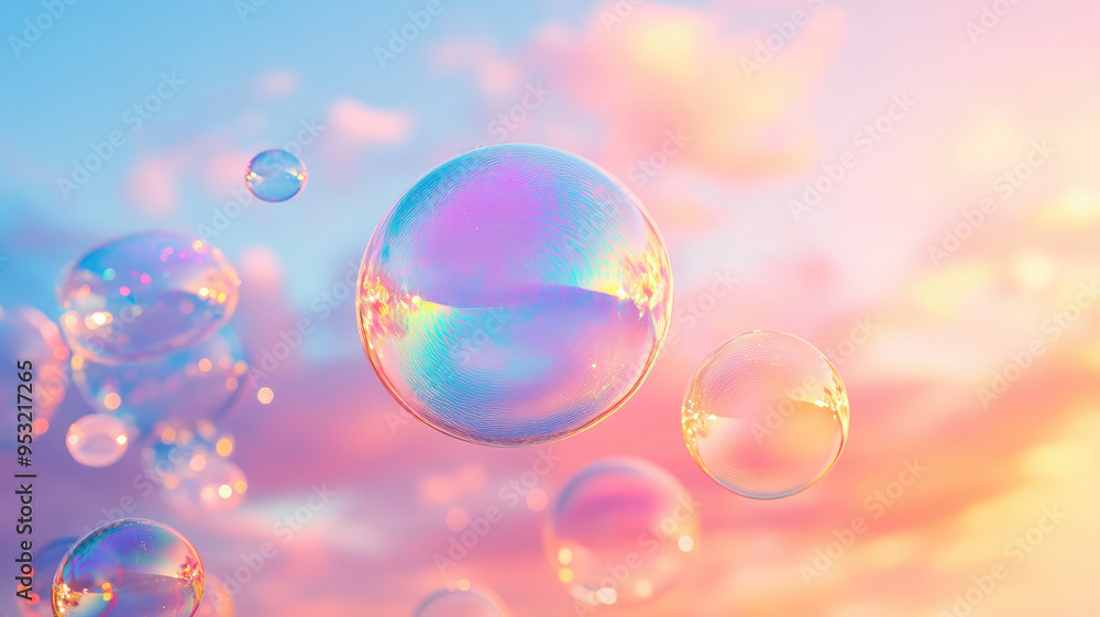 a colorful iridescent soap bubbles floating flying away on a pastel pink blue color sunset sky. abstract texture background concept, detailed and intricate image a colorful iridescent soap bubbles floating flying away on a pastel pink blue color sunset sky. abstract texture background concept, detailed and intricate image