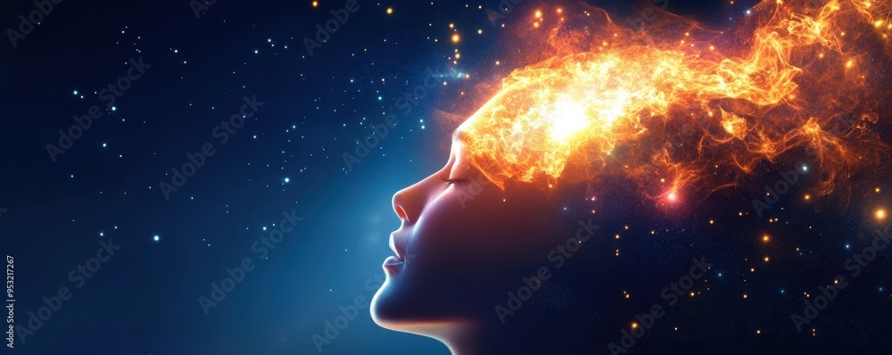 A creative representation of imagination and ideas, with a glowing head emerging from a starry night background. A creative representation of imagination and ideas, with a glowing head emerging from a starry night background.