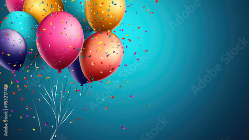 festive colorful balloons and confetti background with room for copy space for a banner or sign, high quality image photo