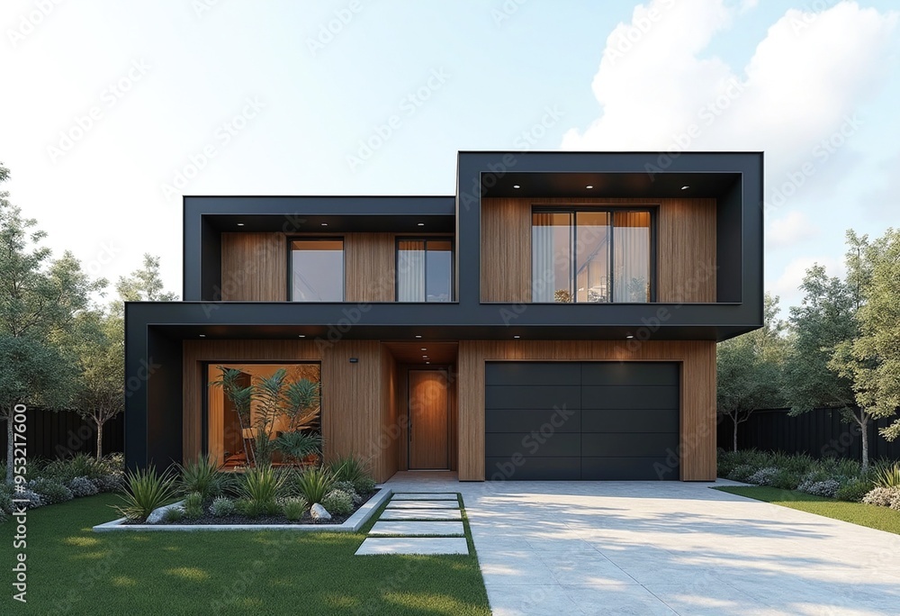 Modern luxury minimalist cubic house, villa with wooden cladding and black panel walls and landscaping design front yard. Residential architecture exterior Modern luxury minimalist cubic house, villa with wooden cladding and black panel walls and landscaping design front yard. Residential architecture exterior