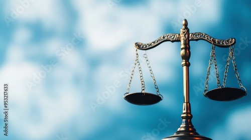 A close-up of a traditional brass scale against a blue sky, symbolizing justice, balance, and legal principles in contemporary society.