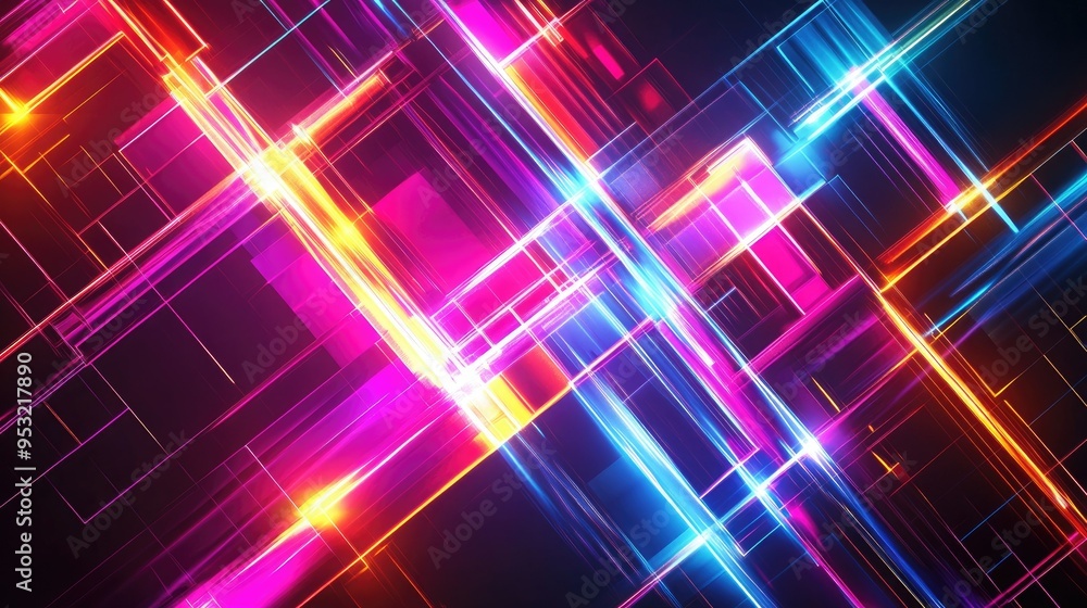 A neon abstract background with bright, glowing lines intersecting to form complex geometric patterns A neon abstract background with bright, glowing lines intersecting to form complex geometric patterns