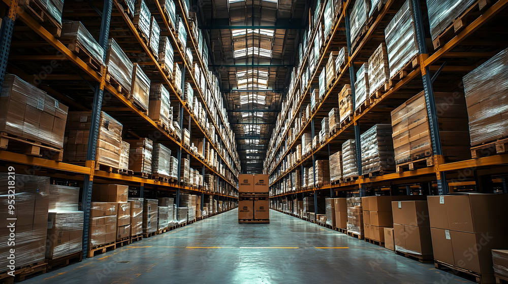 A long aisle in a warehouse with boxes stacked high on shelves.